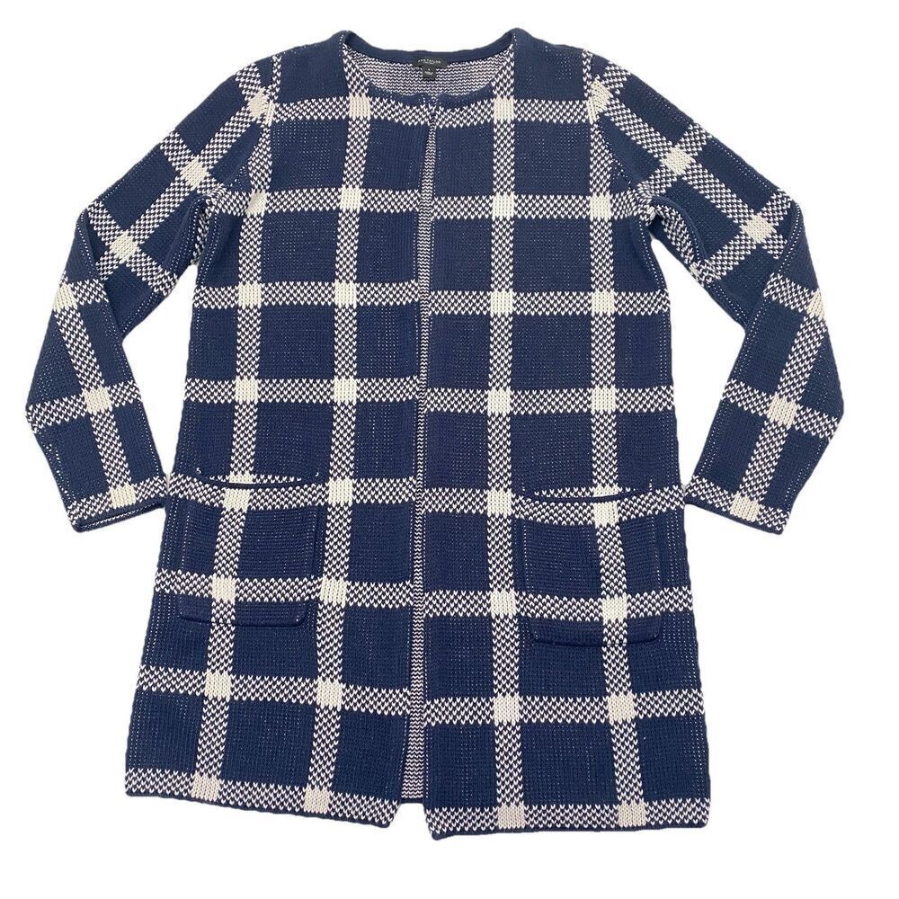 Ann Taylor Factory Open Front Long Blue White Windowpane Plaid Cardigan Women S